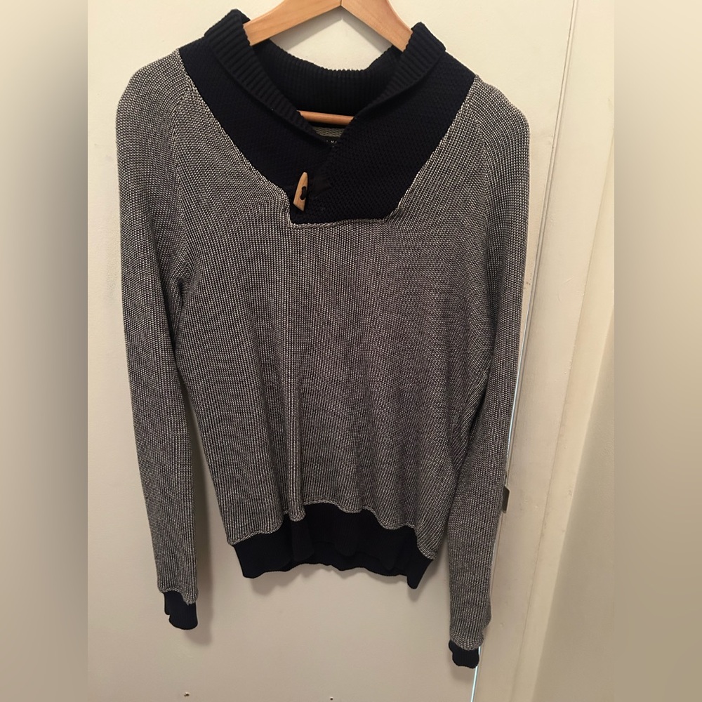 Zara Vintage Navy Blue and White Cowl Neck Sweater